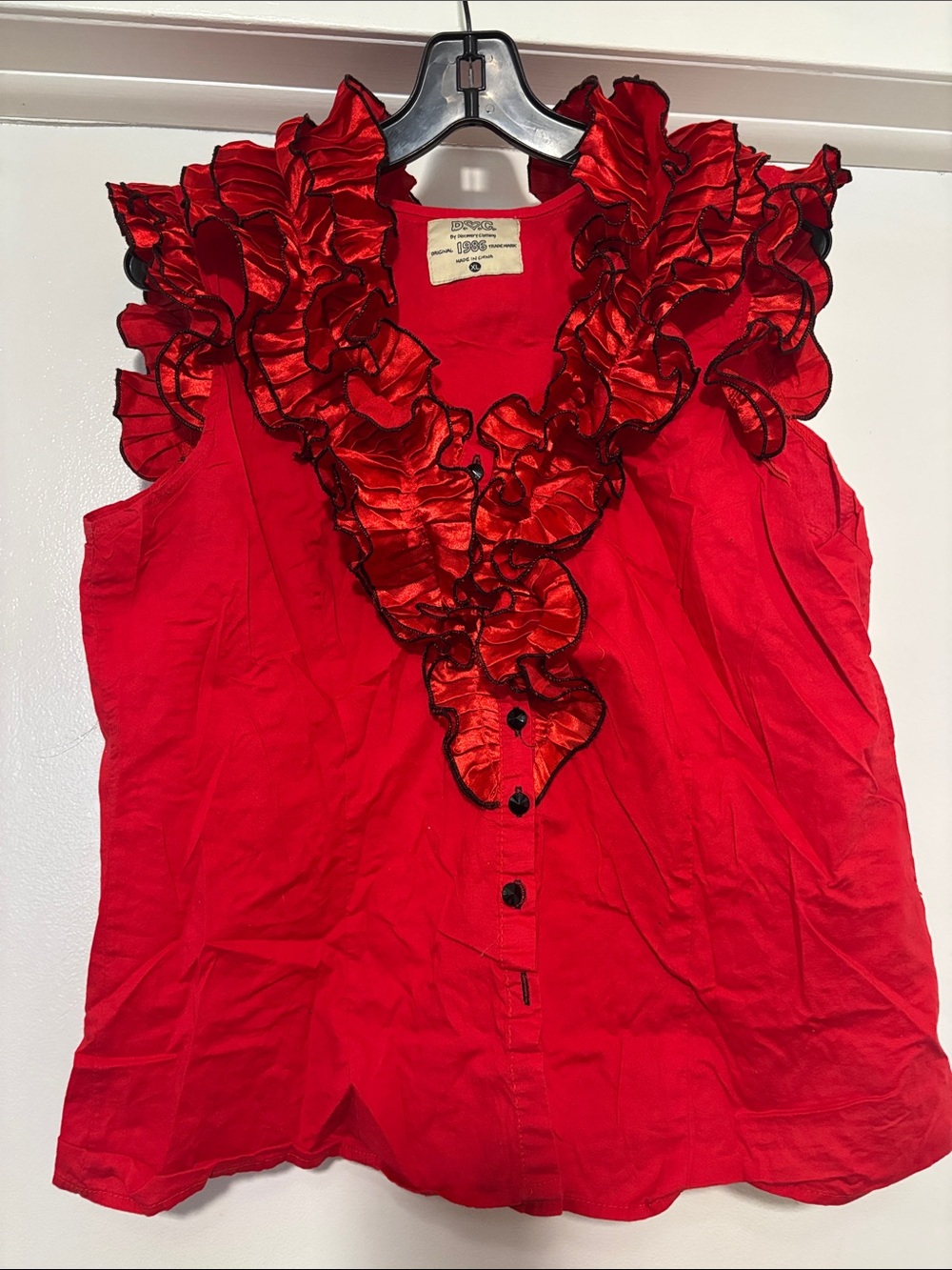 Ruffled Red Sleeveless Blouse with Contrast Trim